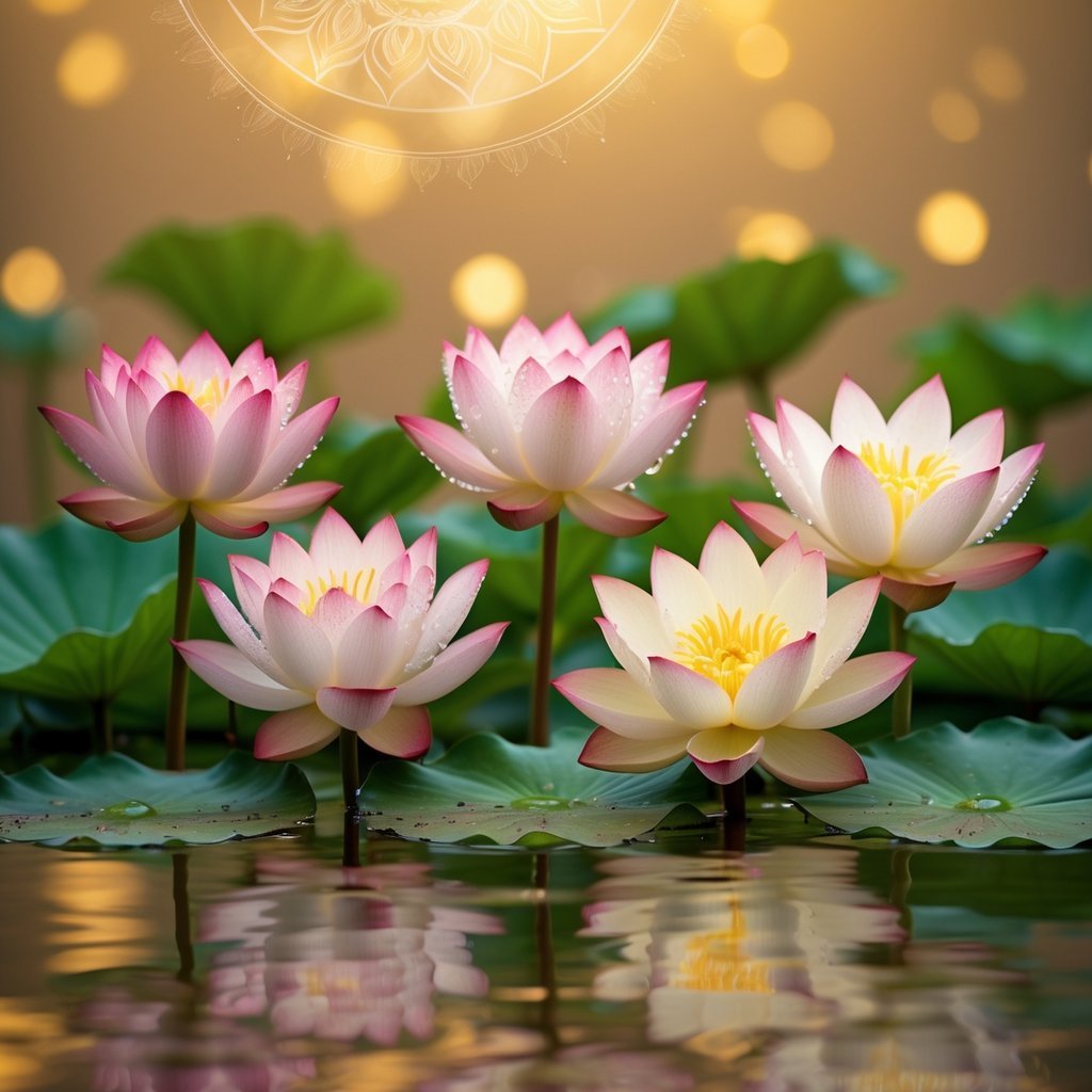 Six colorful lotus flowers arranged on a reflective surface with a softly blurred warm background.