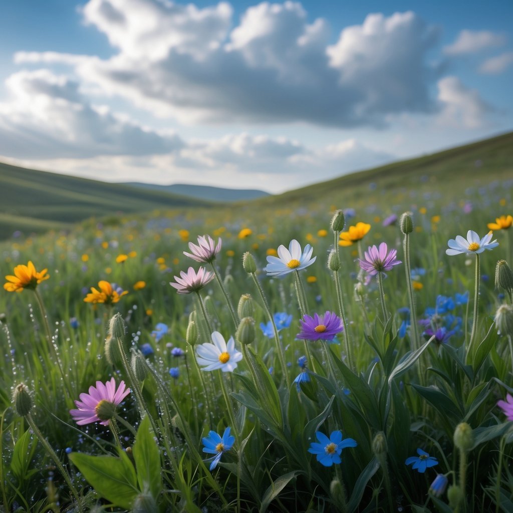 A meadow of wildflowers in different stages of blooming with dew drops, under a partly cloudy sky and rolling hills in the background.