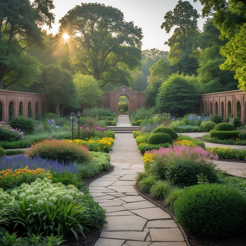 A vibrant botanical garden with colorful flowers, trees, and stone pathways under soft sunlight.