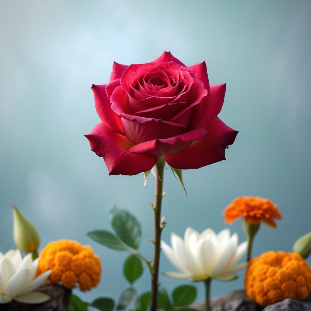 A close-up of a vibrant red rose surrounded by various flowers used in sacred rituals, set against a soft, blurred background.