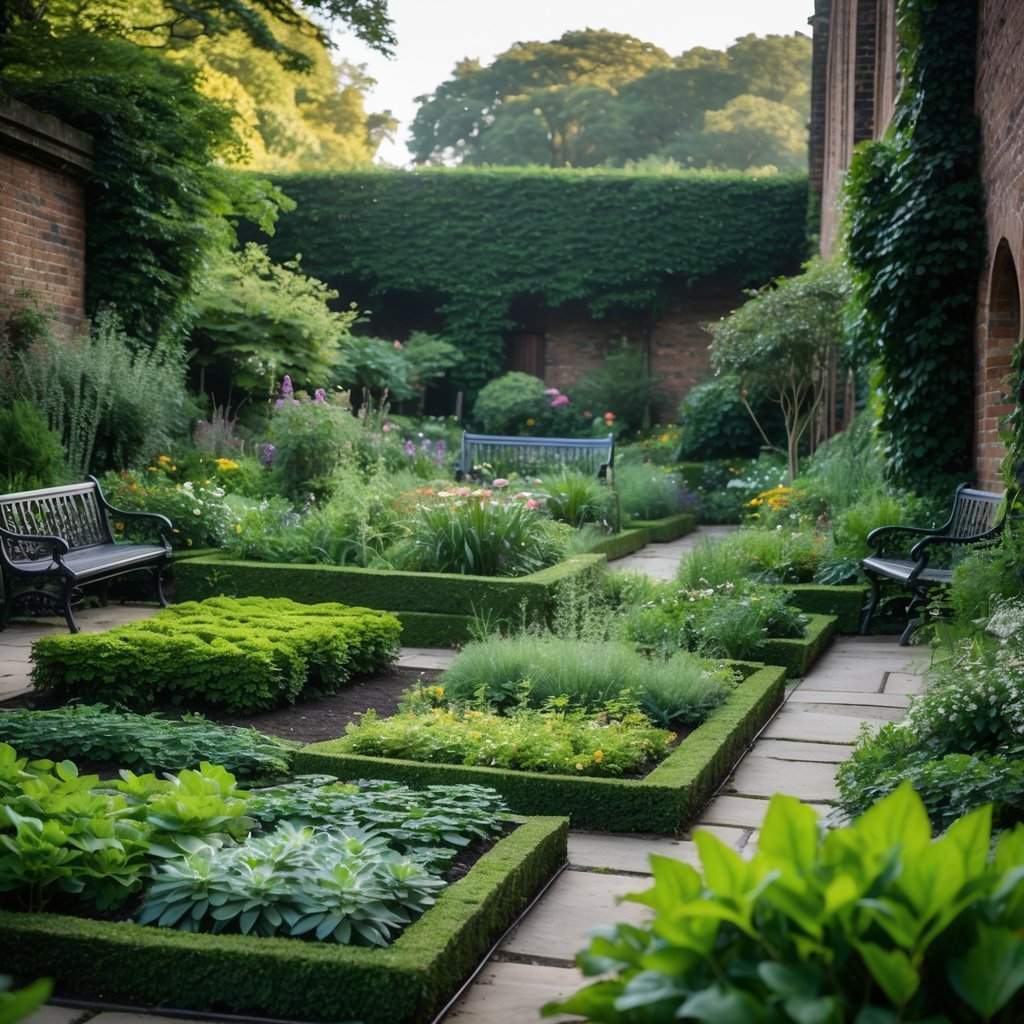 A historic garden with various medicinal plants, stone pathways, and old brick walls covered in ivy.