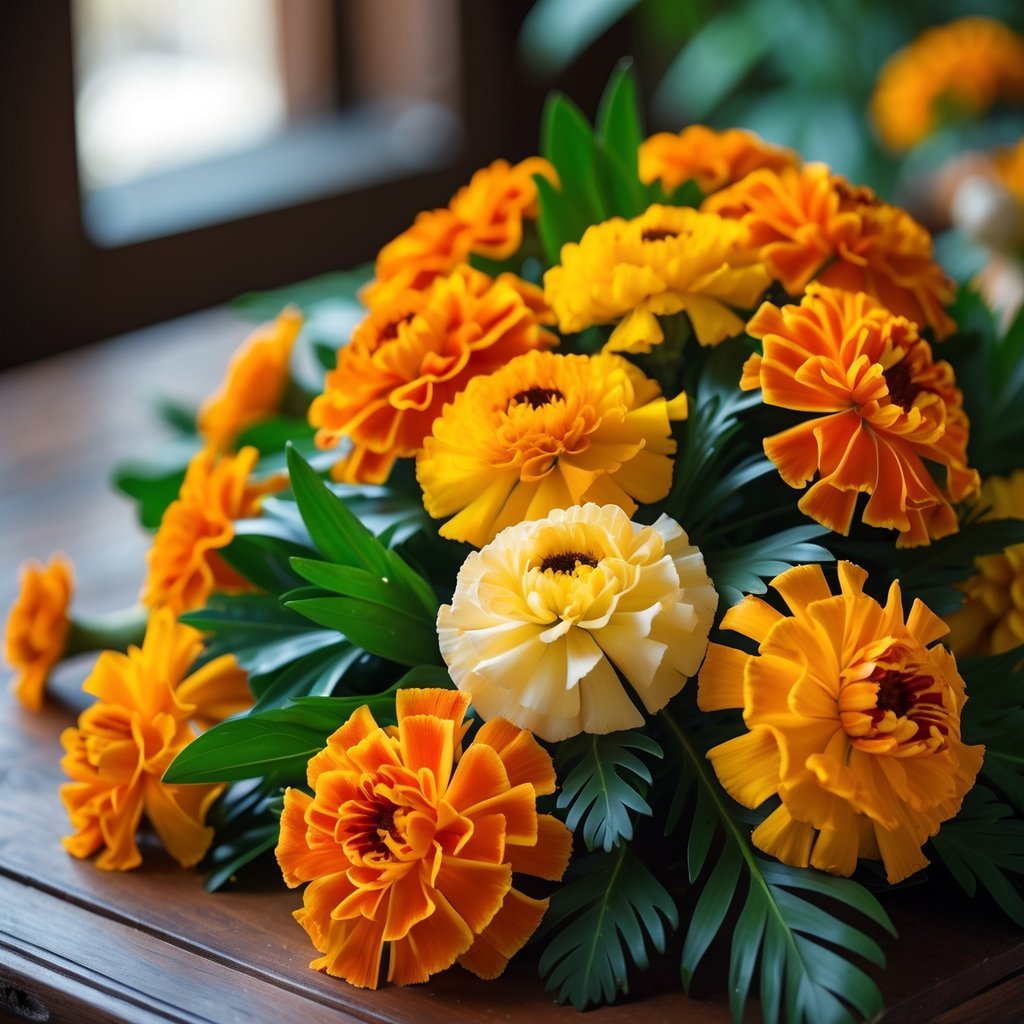 Bright orange and yellow marigold flowers arranged on a wooden surface with green leaves.