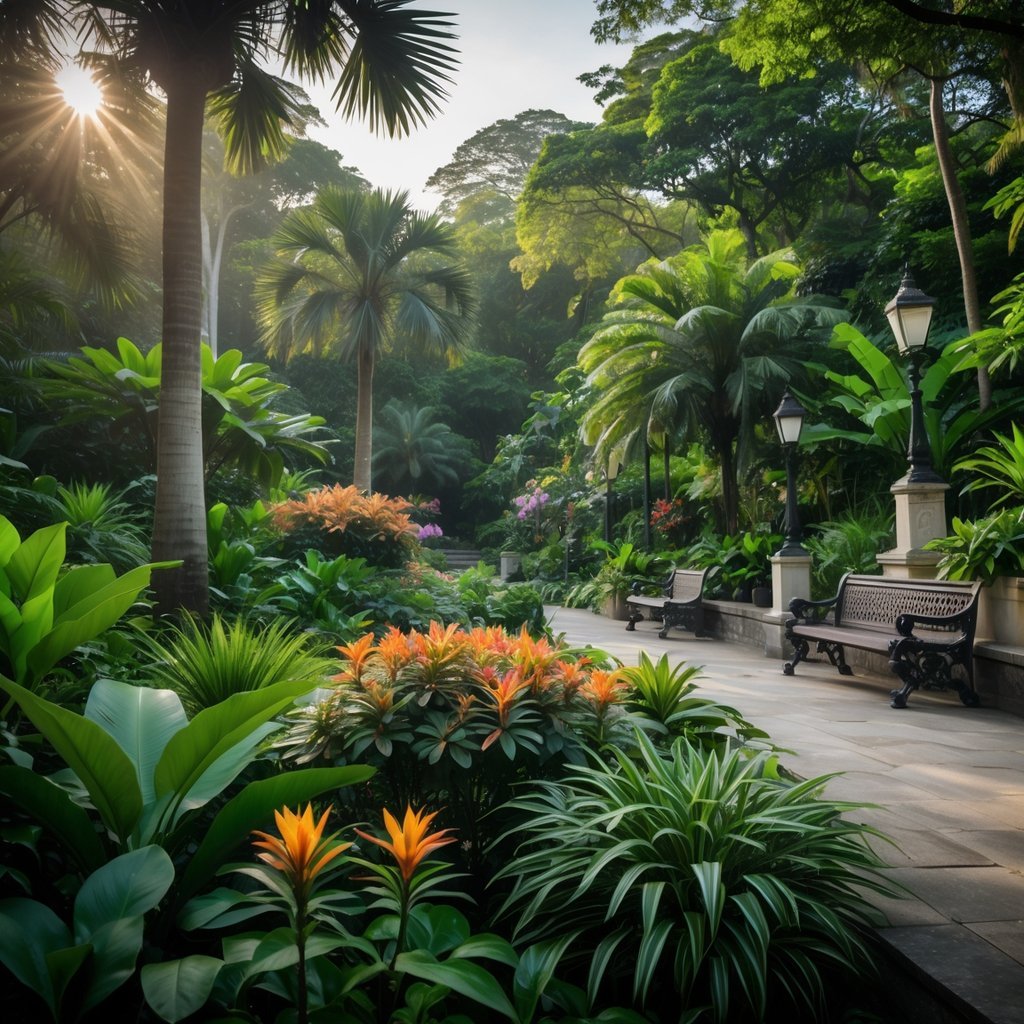 A lush tropical garden with diverse plants, colorful flowers, stone pathways, and benches under tall trees.