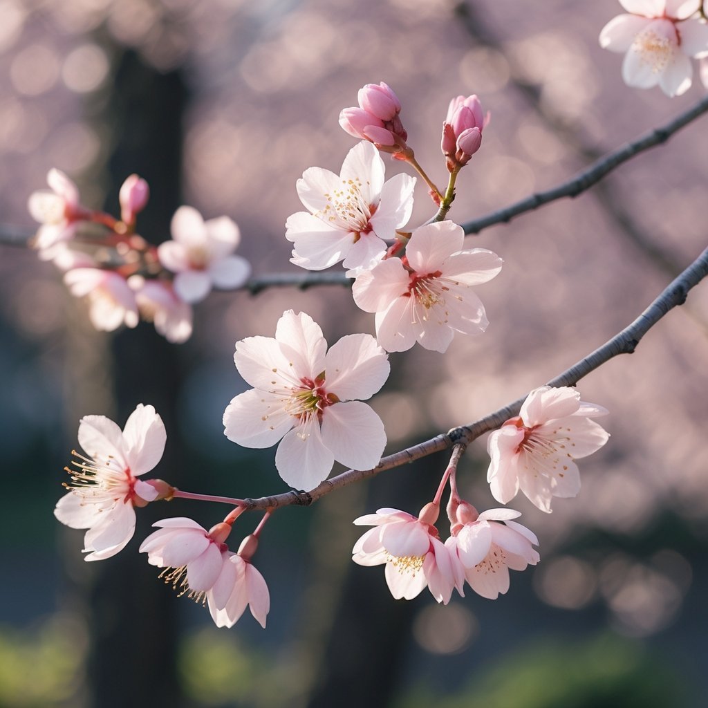 Six pink cherry blossom flowers blooming on branches against a soft natural background.