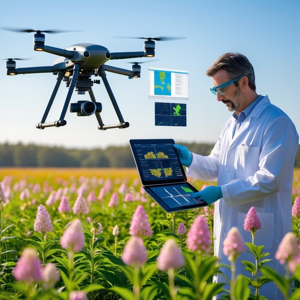 A drone flying over a colorful blooming flower field while a scientist reviews data on a tablet with digital screens showing time-lapse and satellite images of blooms.