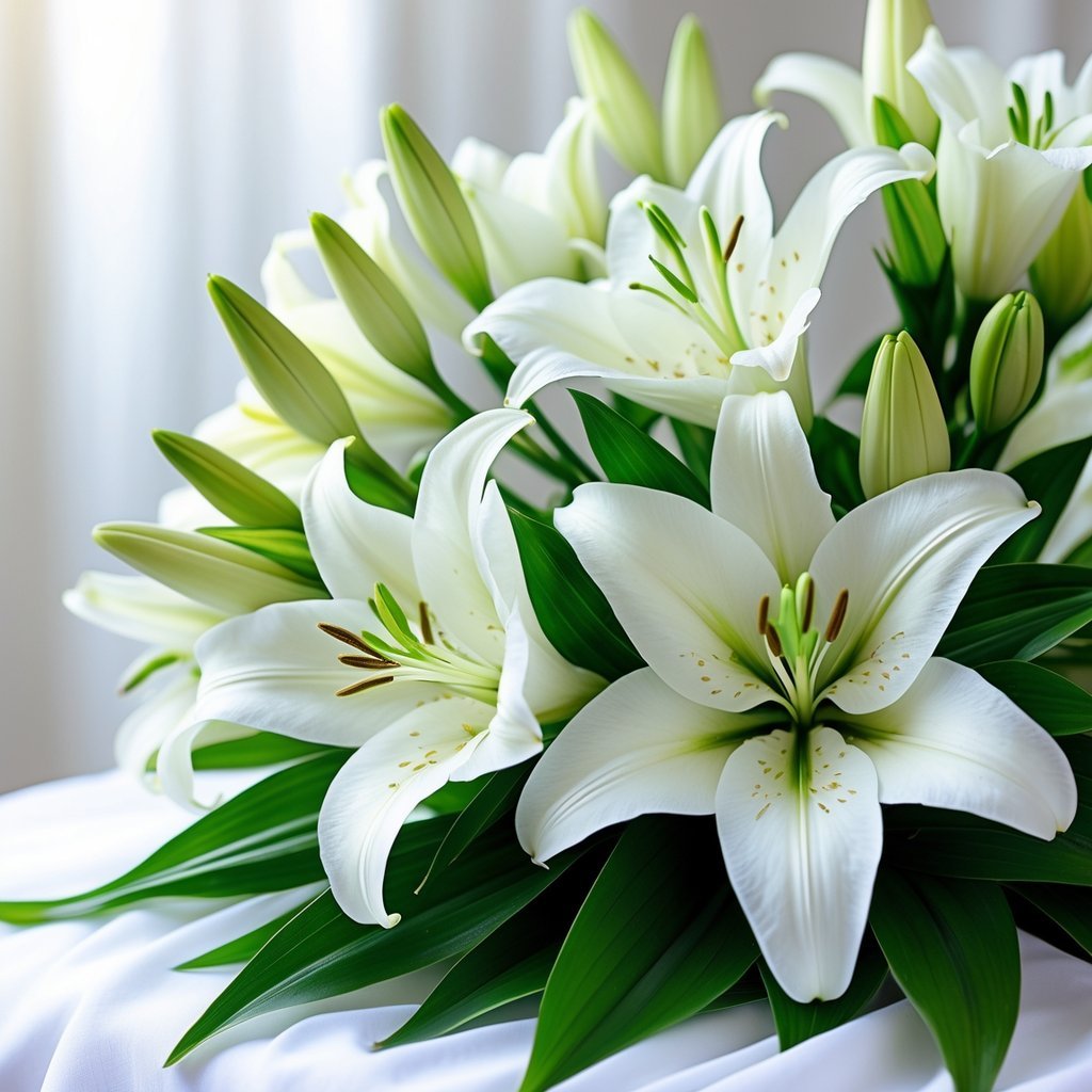 Close-up of white lilies with green leaves against a softly blurred background.