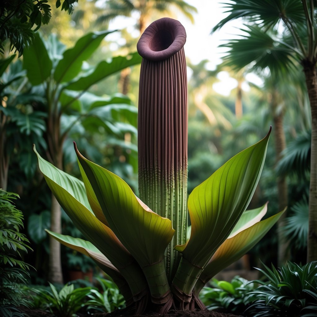 Close-up of a large Titan Arum plant with a tall maroon spadix surrounded by green leaves in a botanical garden.
