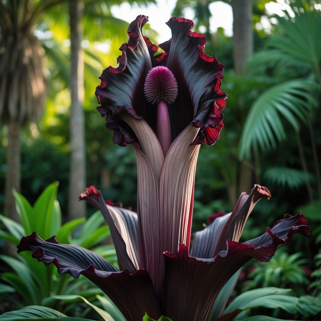 A large corpse flower with dark red and purple petals blooming in a green tropical garden.