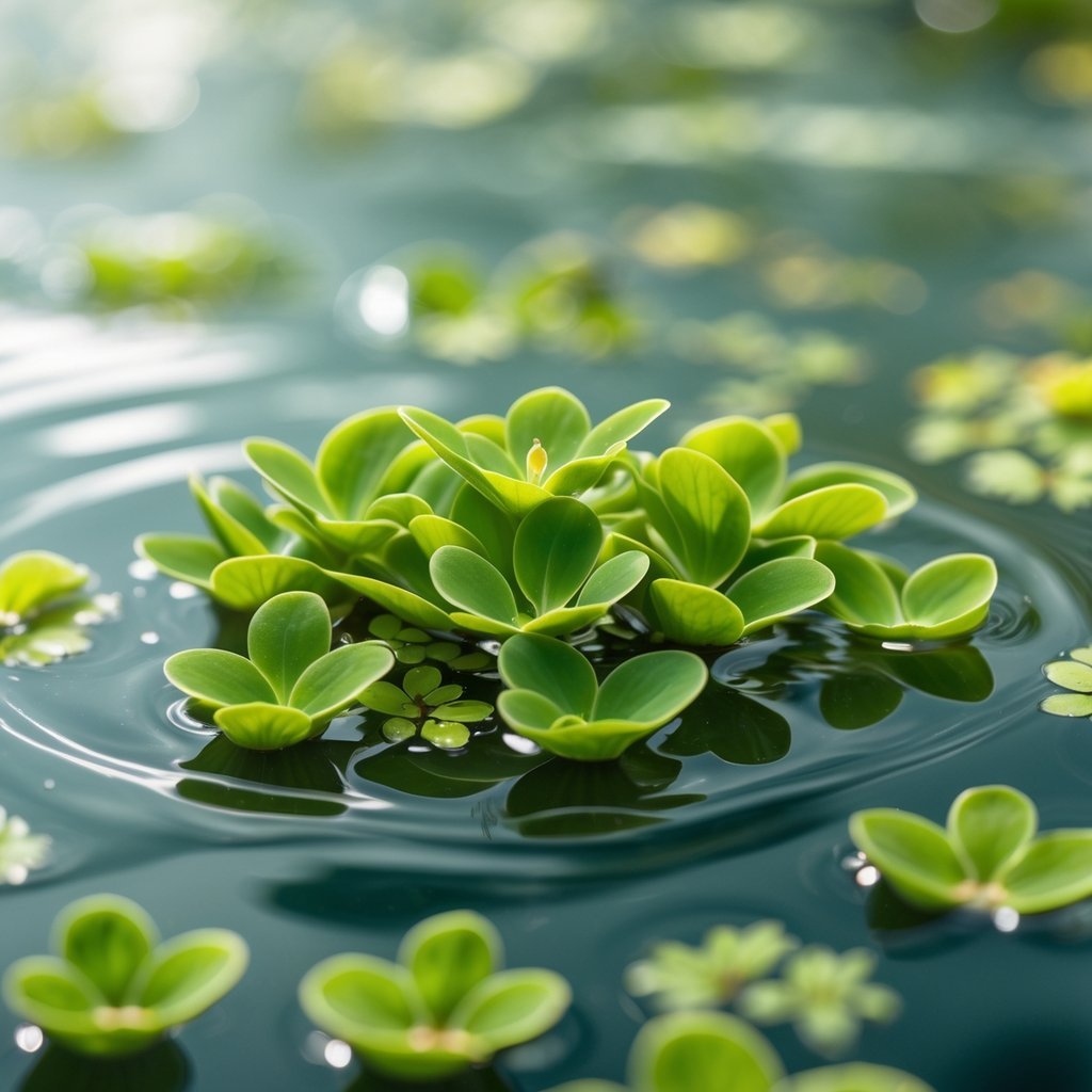 Close-up of tiny green Wolffia plants floating on clear water with soft reflections and blurred aquatic background.
