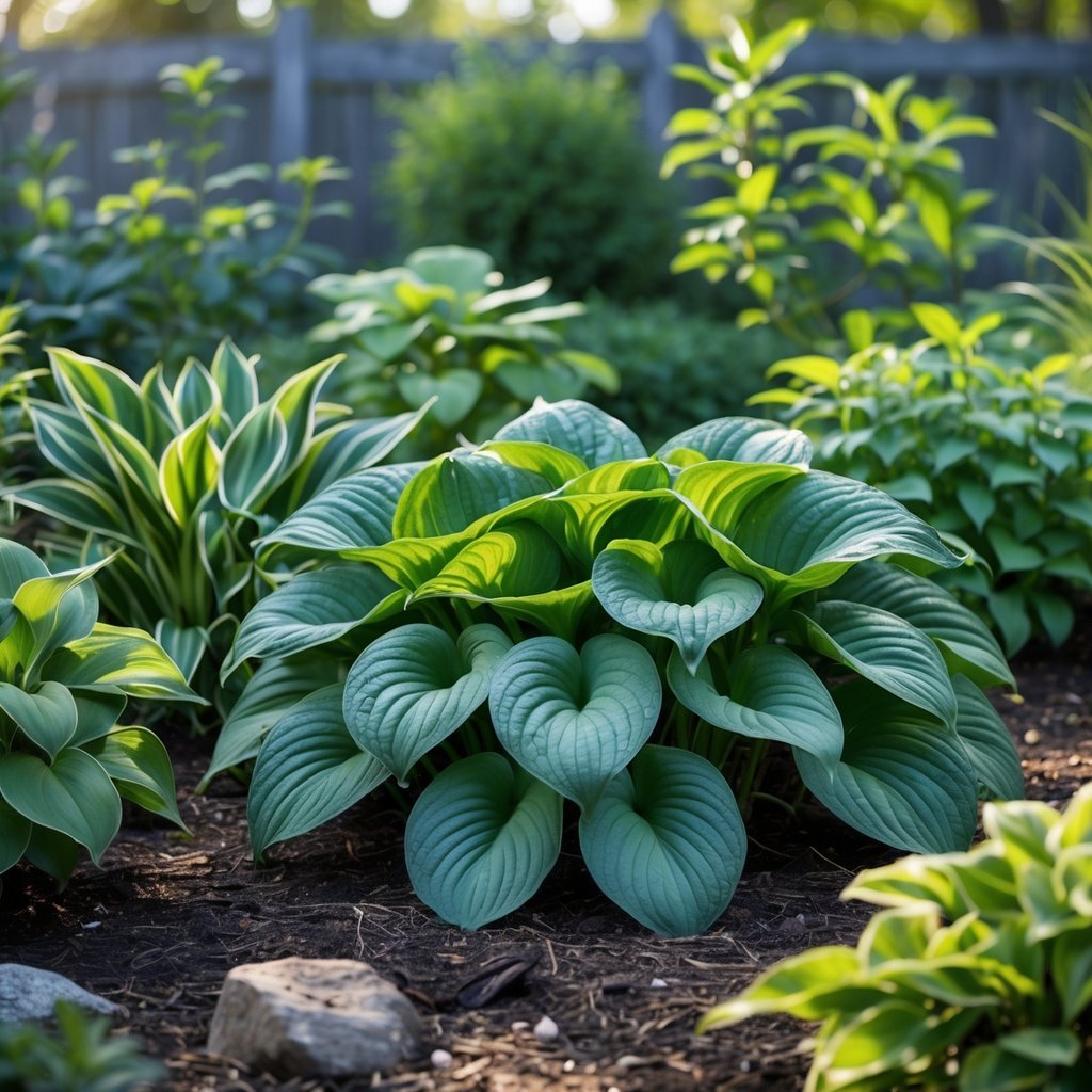 A close-up of healthy hosta plants and eight other resilient garden plants growing together in a natural outdoor setting.