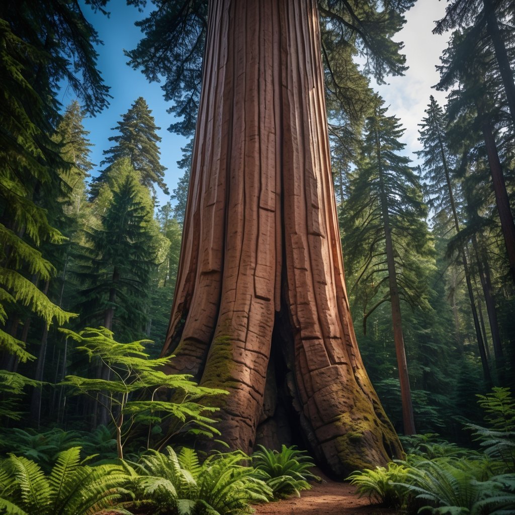 A massive tree trunk of the General Sherman Tree surrounded by green plants and tall forest trees with sunlight filtering through the canopy.