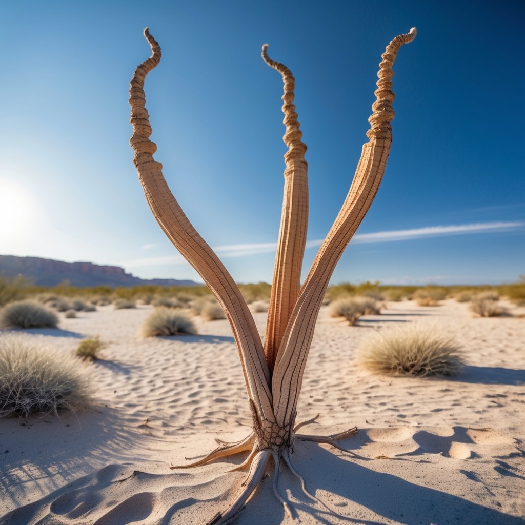 A Welwitschia mirabilis plant with two long leaves growing in a dry desert landscape under a clear blue sky.