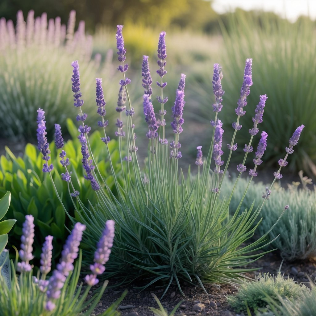 A close-up of a blooming lavender plant surrounded by various green resilient plants in a natural outdoor setting.