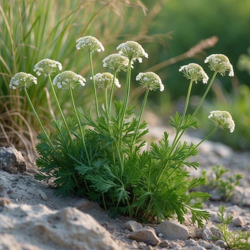 A cluster of yarrow plants with white flowers and green leaves growing outdoors in rocky and sandy soil.