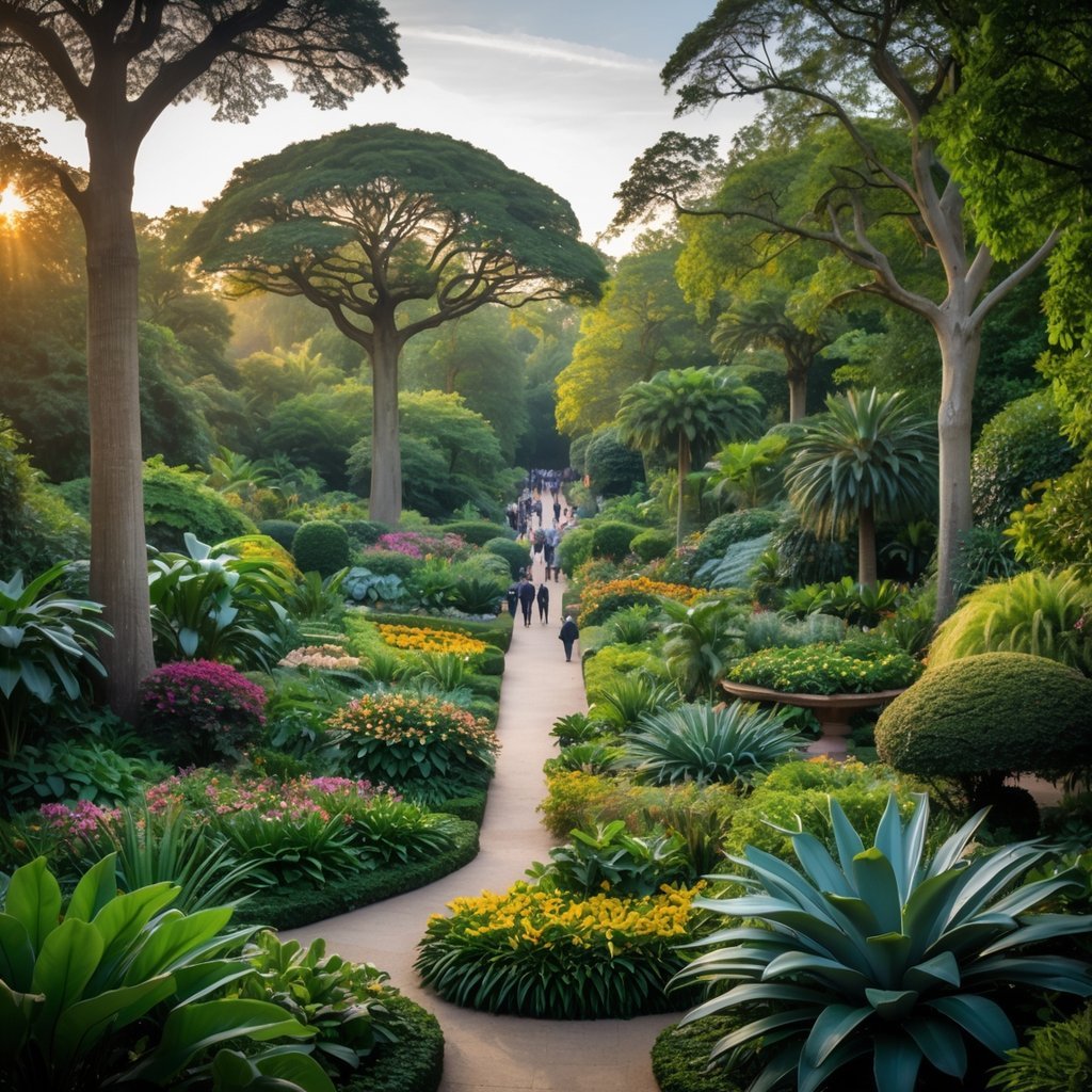A large botanical garden with diverse and lush plants, including tall trees and colorful flowers, under sunlight with garden paths and visitors in the background.