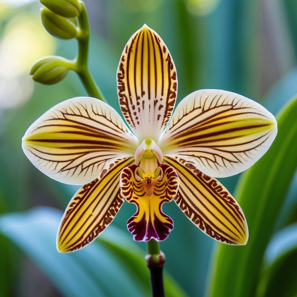 Close-up of a Bee Orchid flower with petals resembling a bee, surrounded by green foliage.