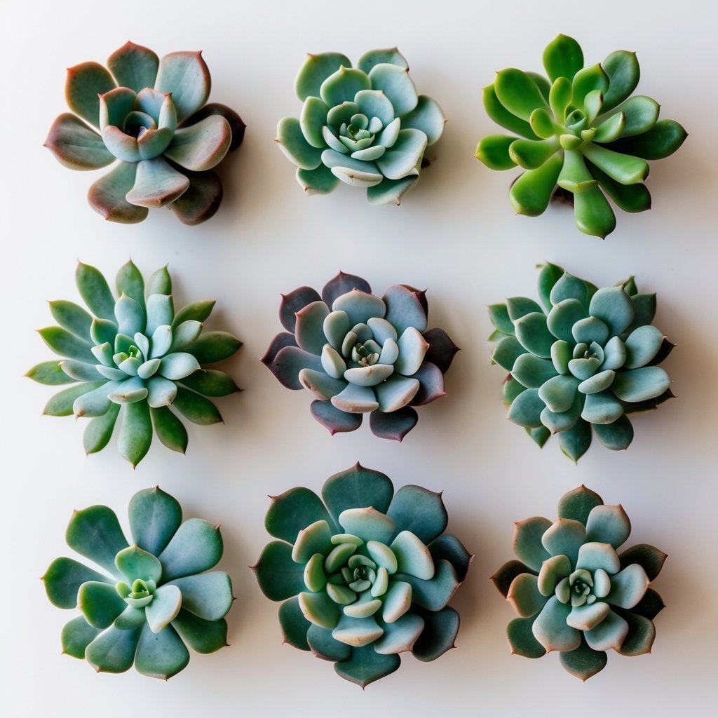 Nine different succulent plants with thick leaves arranged together on a plain background.