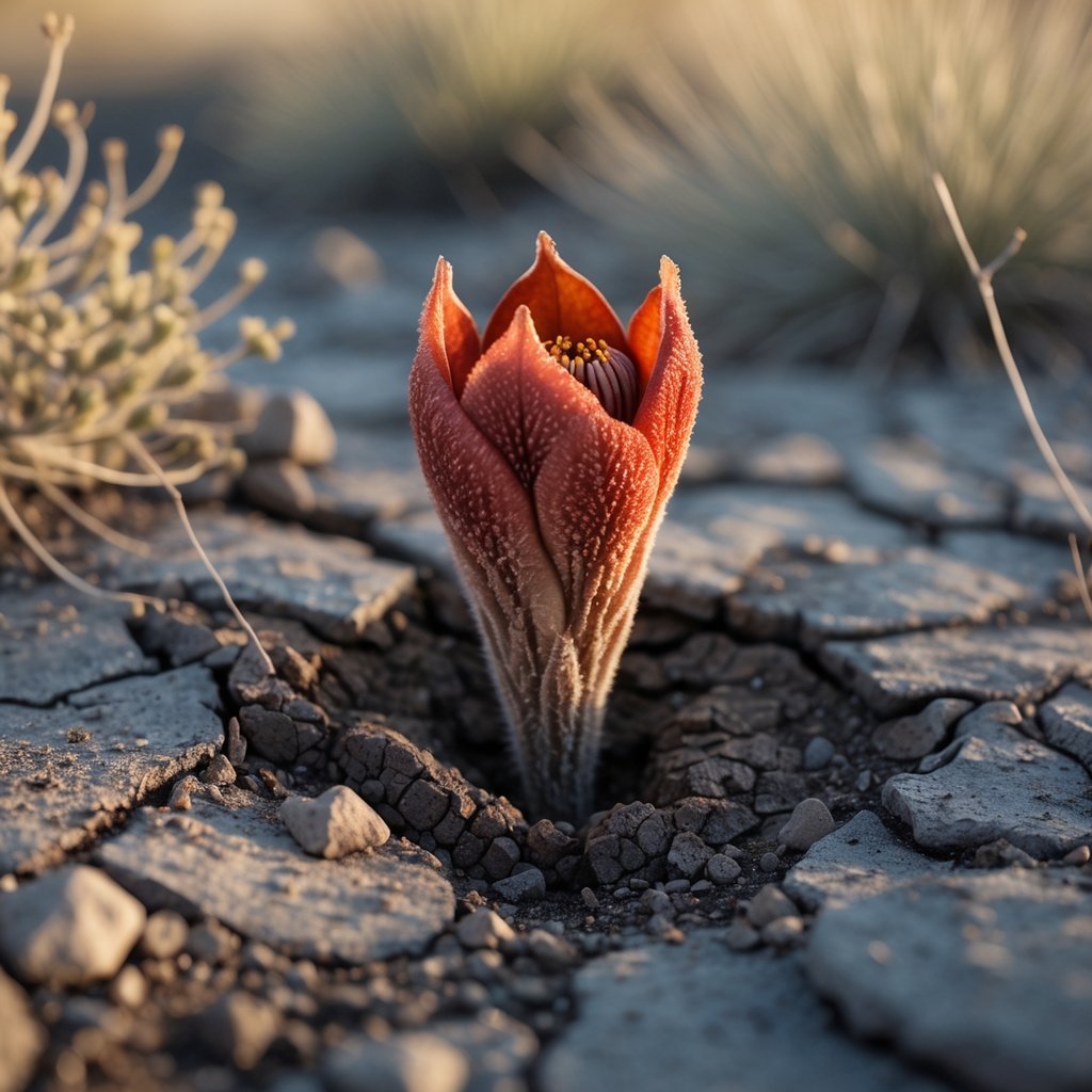 Close-up of a reddish-brown Hydnora africana flower emerging from dry soil in a desert environment.