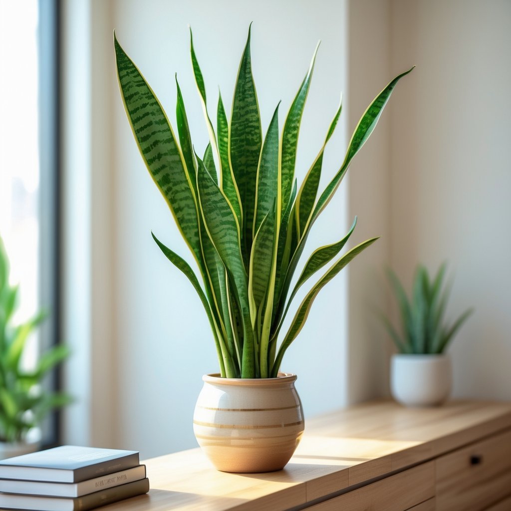 A healthy snake plant with tall green leaves in a ceramic pot on a wooden surface inside a bright room.