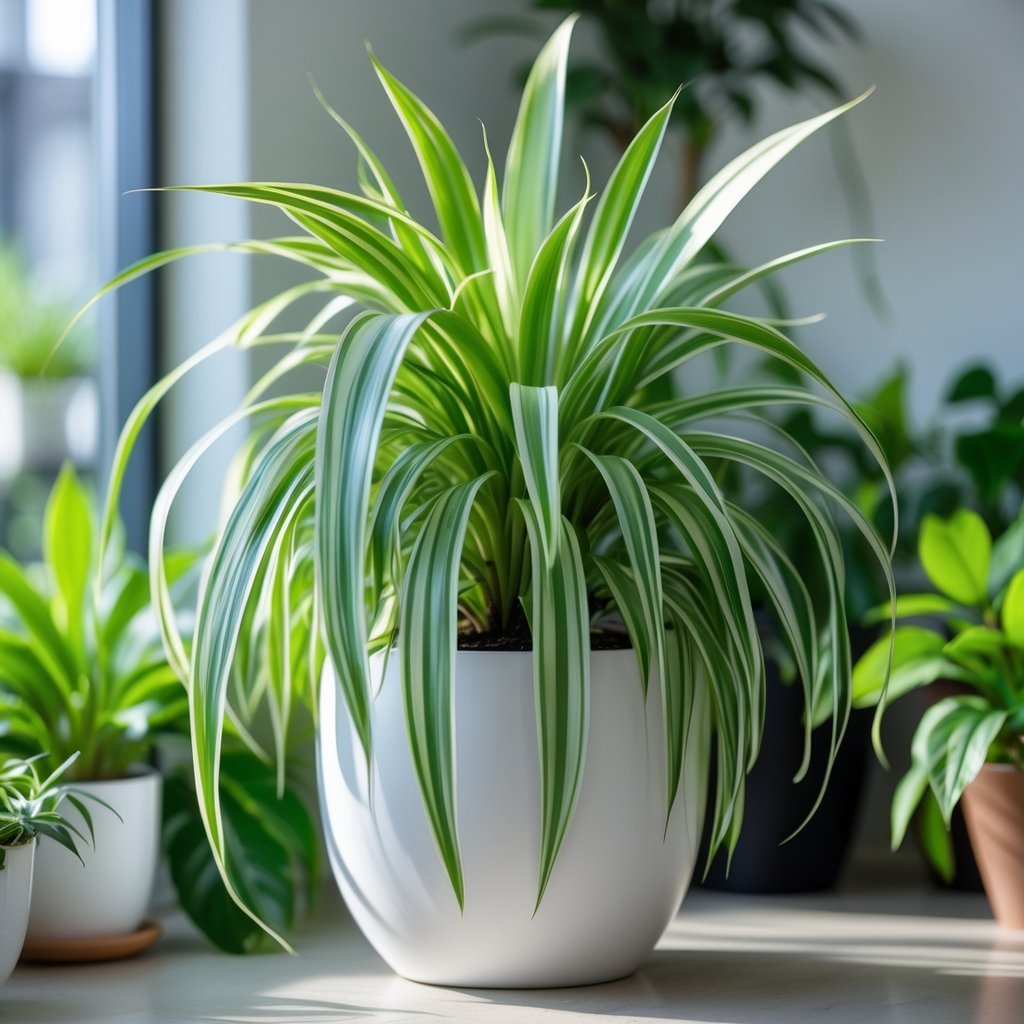 A healthy spider plant with long green and white striped leaves growing in a white pot indoors near a window with soft natural light.
