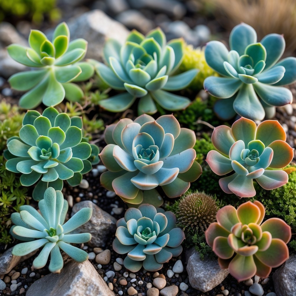 A close-up of nine different sedum plants growing on rocky soil with moss and pebbles.