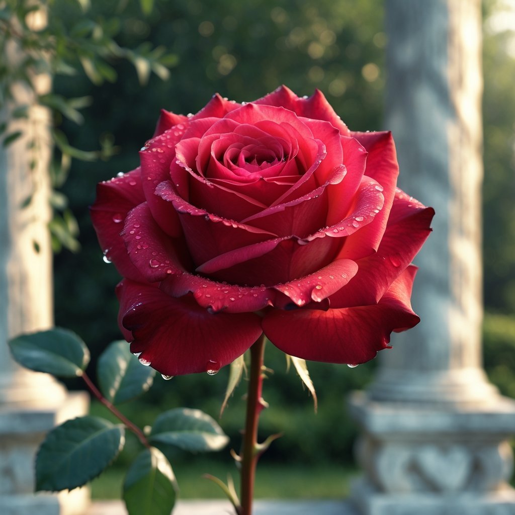 A close-up of a red rose with morning dew, set against a blurred background featuring marble columns and olive branches.