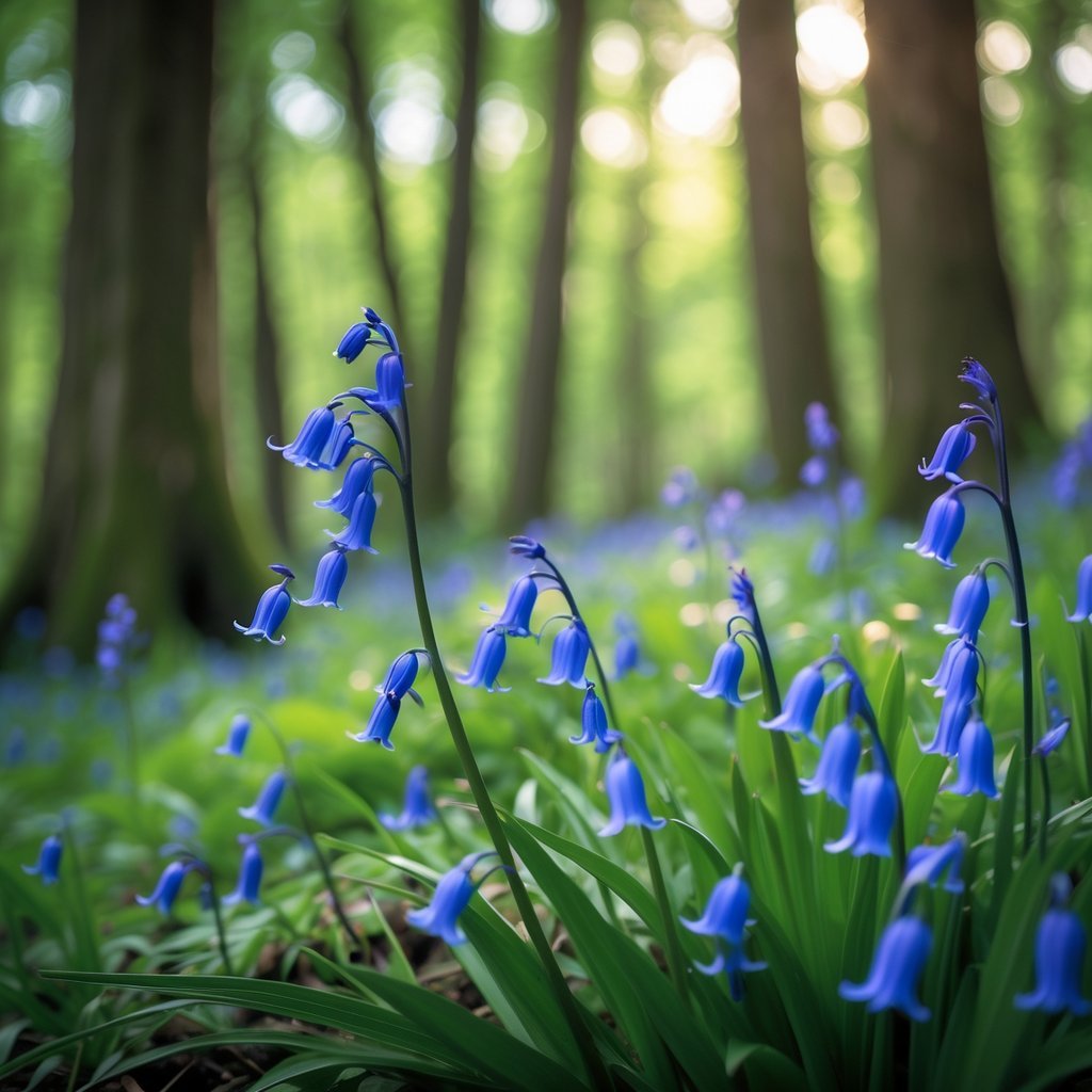 Close-up of bluebell flowers growing in a sunlit European woodland with green leaves and trees in the background.
