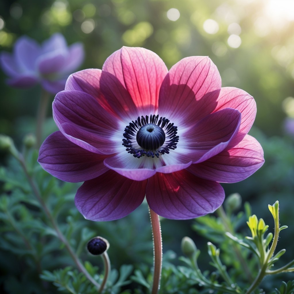 Close-up of a vibrant anemone flower with red and purple petals and a dark center against a soft green background.