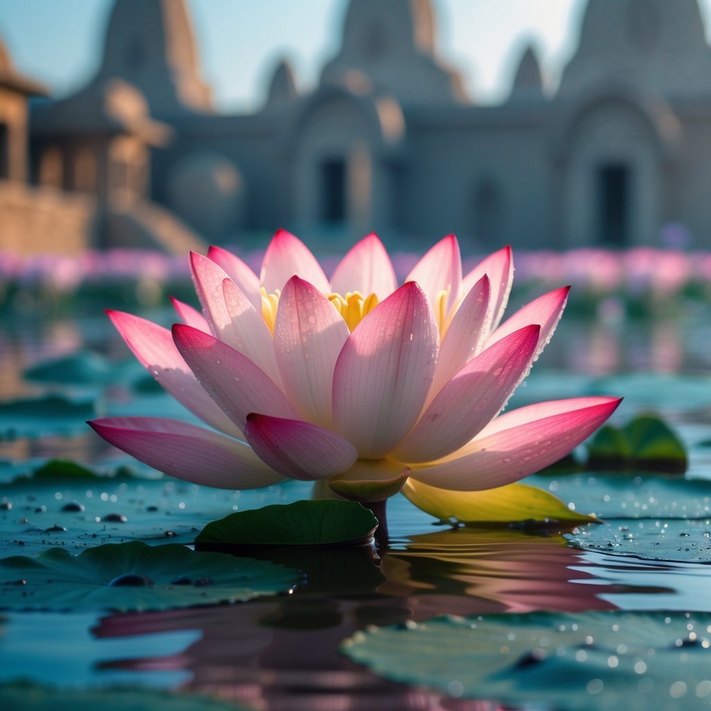 A close-up of a blooming lotus flower floating on calm water with ancient temple structures faintly visible in the background.