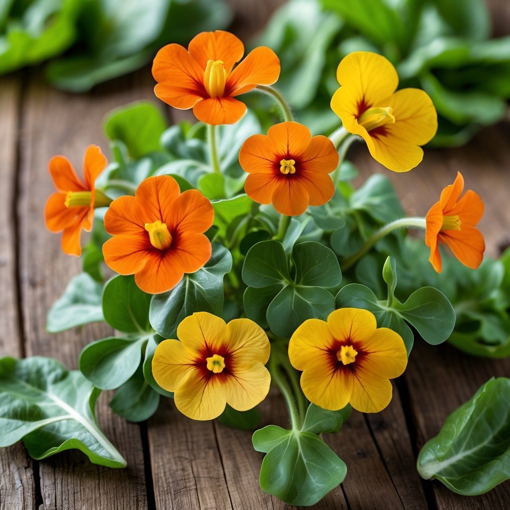 Close-up of bright orange and yellow nasturtium flowers with green leaves on a wooden surface surrounded by fresh salad greens.