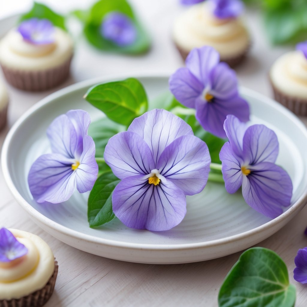 Close-up of fresh violet flowers arranged on a plate with small desserts decorated with violet petals on a wooden surface.