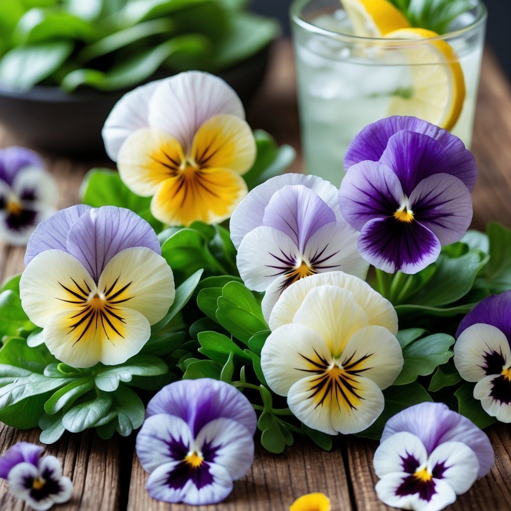Close-up of colorful pansy flowers with fresh salad greens and a glass of drink garnished with pansy petals on a wooden table.