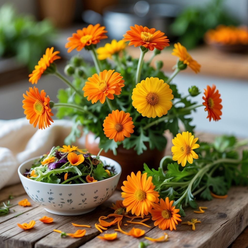 Close-up of bright orange and yellow calendula flowers next to a fresh salad with calendula petals on a wooden table.