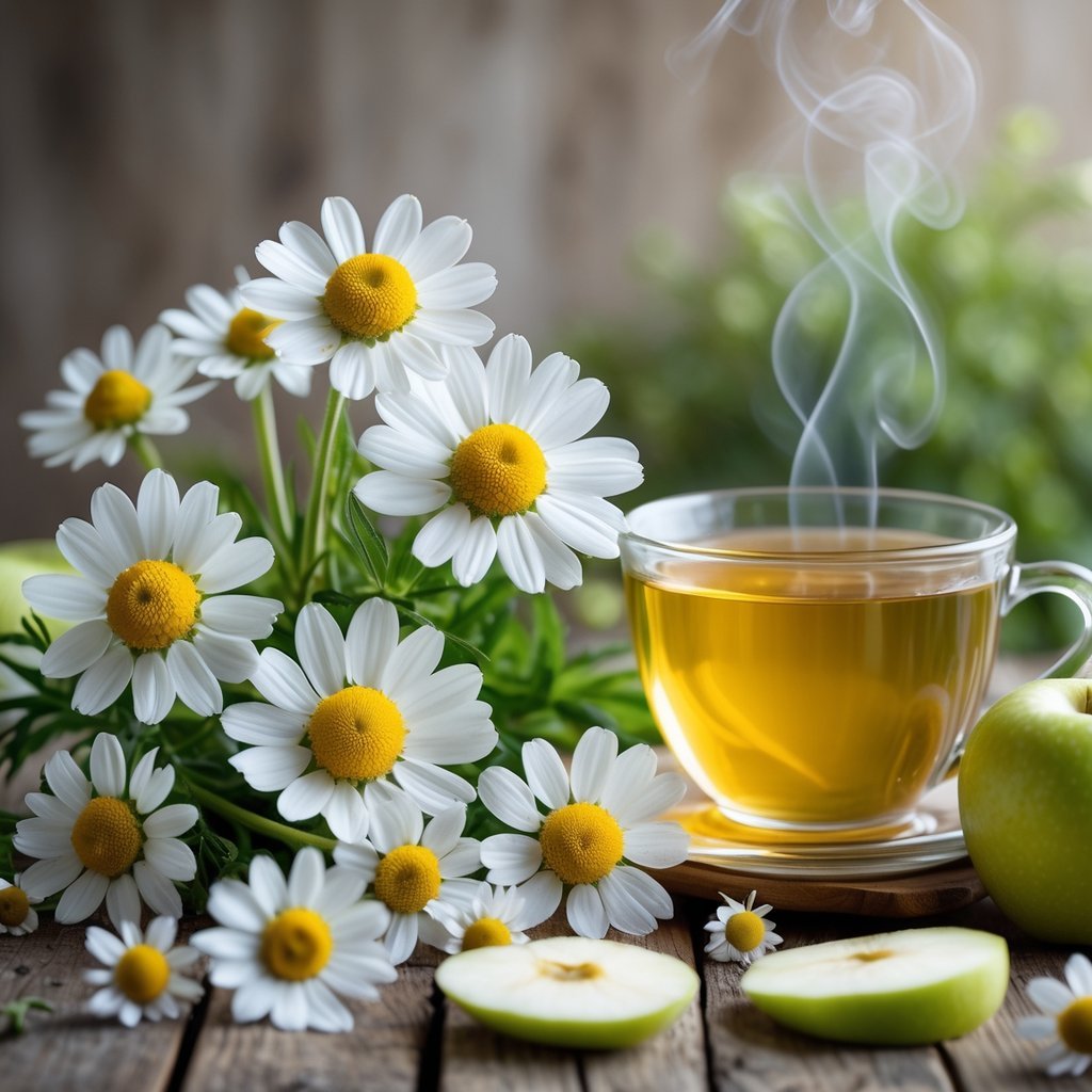 Fresh chamomile flowers on a wooden surface next to a glass cup of chamomile tea with apple slices nearby.
