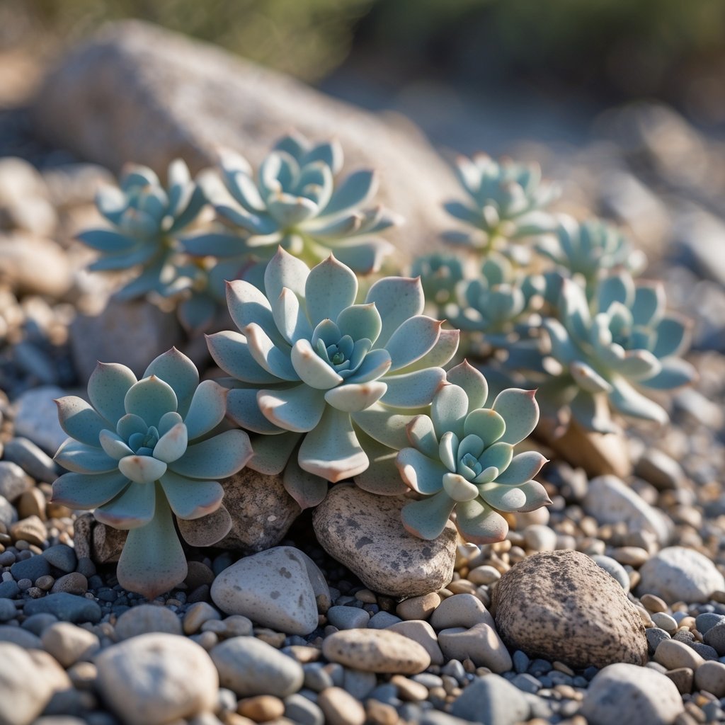 Close-up of succulent plants that look like small rocks on dry, rocky ground, blending naturally with their surroundings.