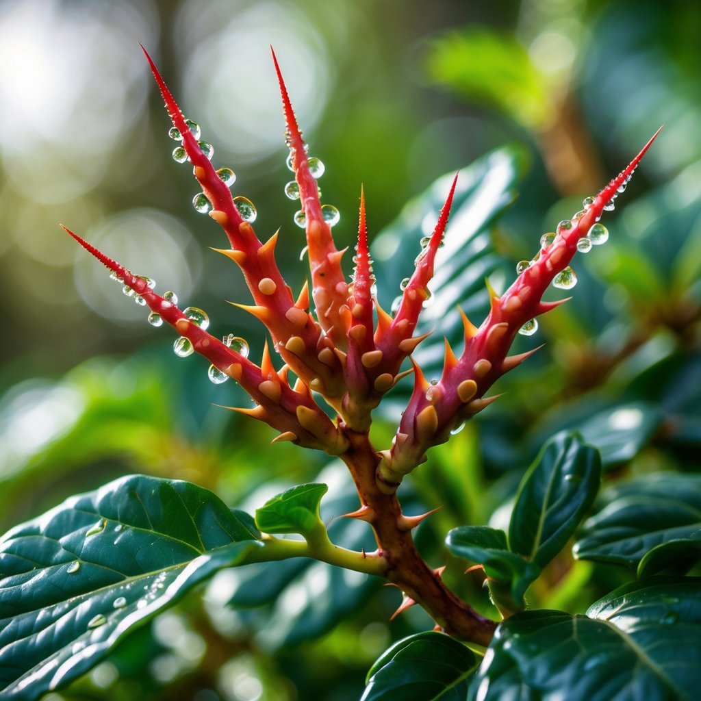 Close-up of a plant with sharp venomous thorns and green leaves.