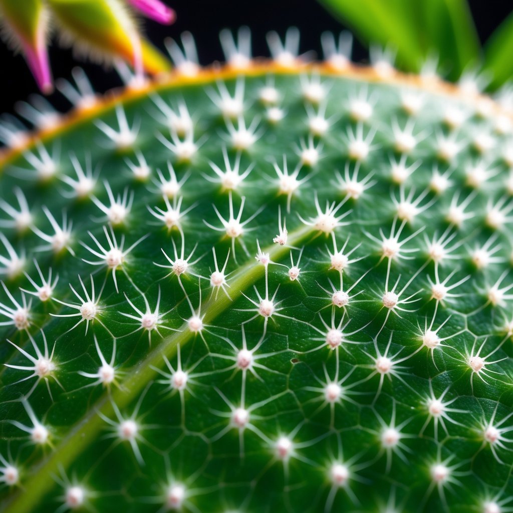 Close-up of a green leaf showing tiny, needle-like structures on its surface that act as plant defenses.