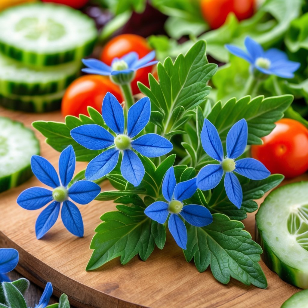 Close-up of fresh blue borage flowers and green leaves alongside cucumber slices and salad ingredients on a wooden surface.