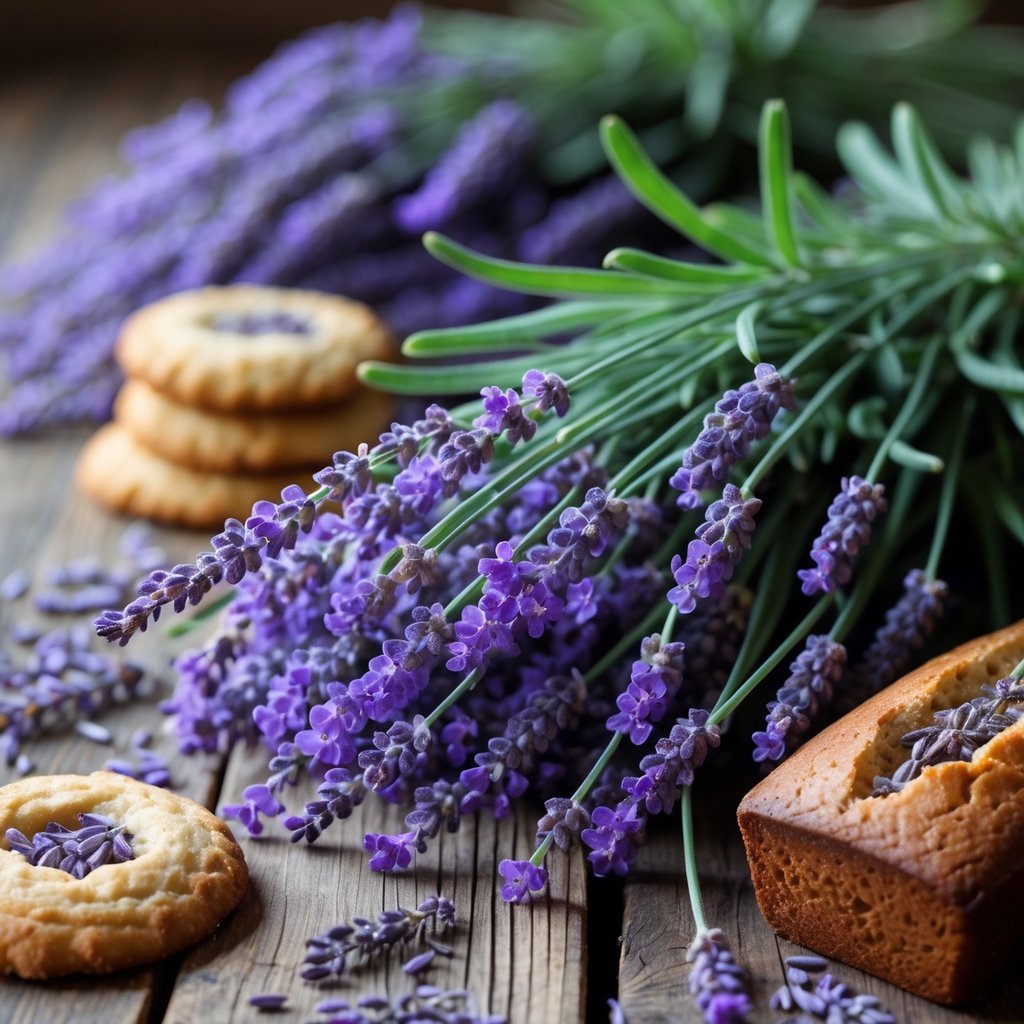 Fresh lavender flowers arranged with lavender-infused baked goods on a wooden surface.