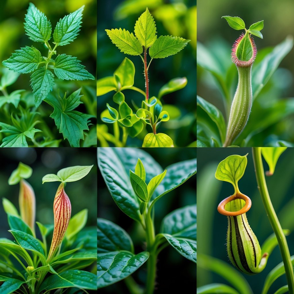 Close-up of various unusual plants with visible natural defense features like fine hairs and textured leaves, set against a blurred green background.