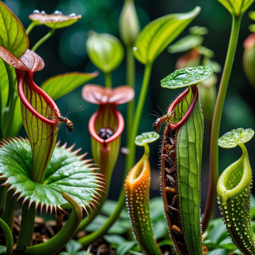 Close-up of several carnivorous plants trapping insects, including Venus flytraps, pitcher plants, and sundews, in a green natural setting.