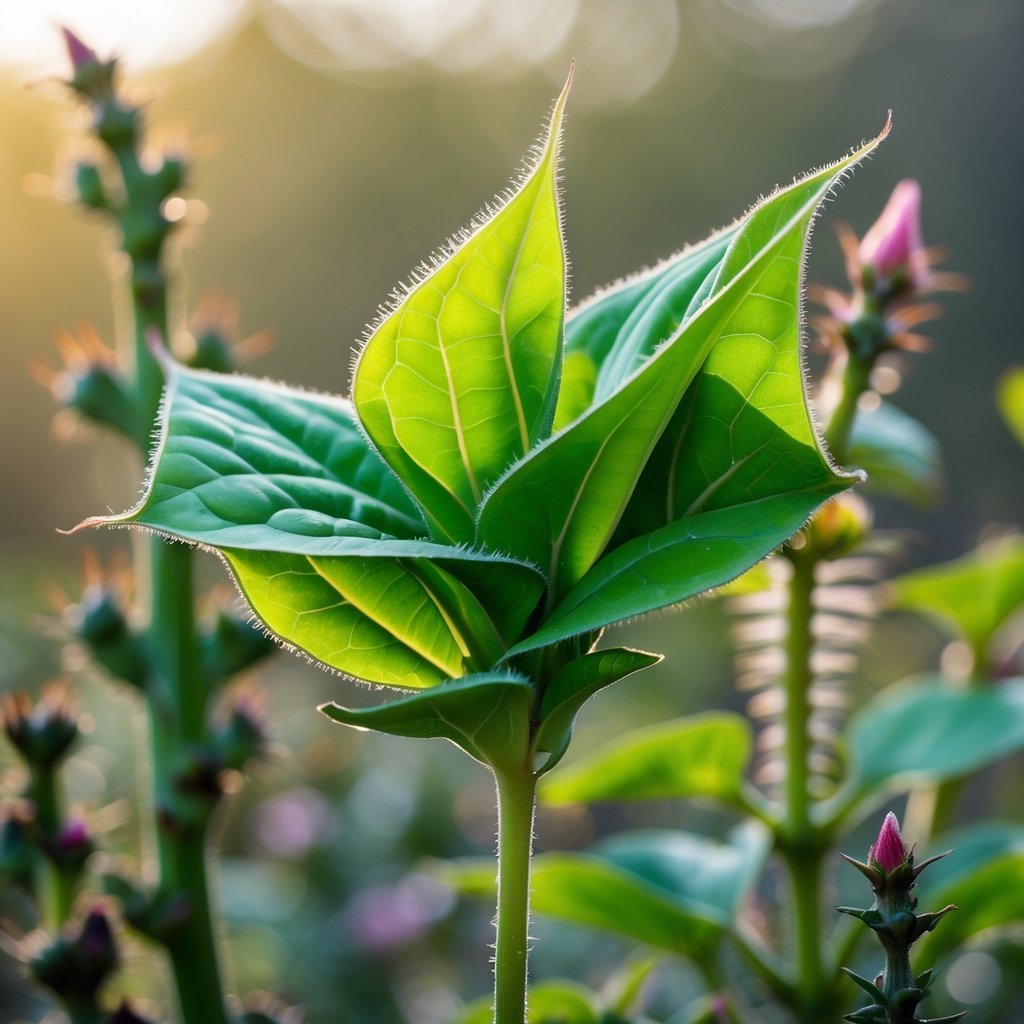 Close-up of a sensitive plant with green leaves partially folded as if reacting to touch, surrounded by other unusual plants with natural defenses.