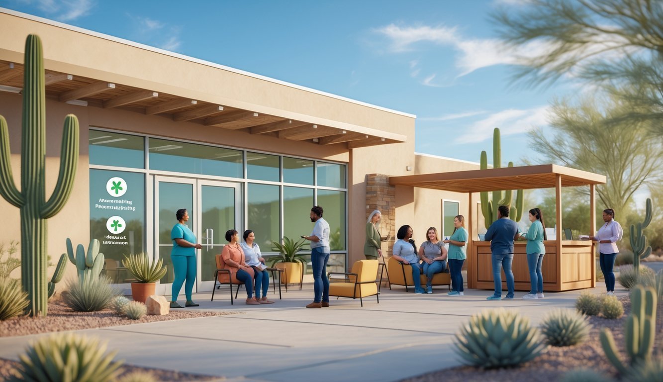A community health center in Arizona surrounded by desert plants with people engaging in supportive mental health activities outdoors.