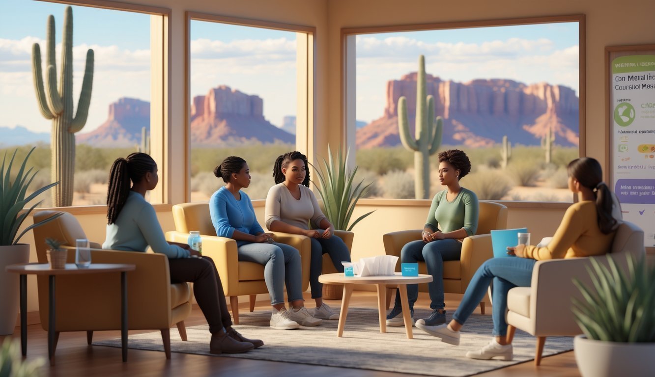 A welcoming counseling room with people talking and a view of a desert landscape with cacti and red rocks outside.