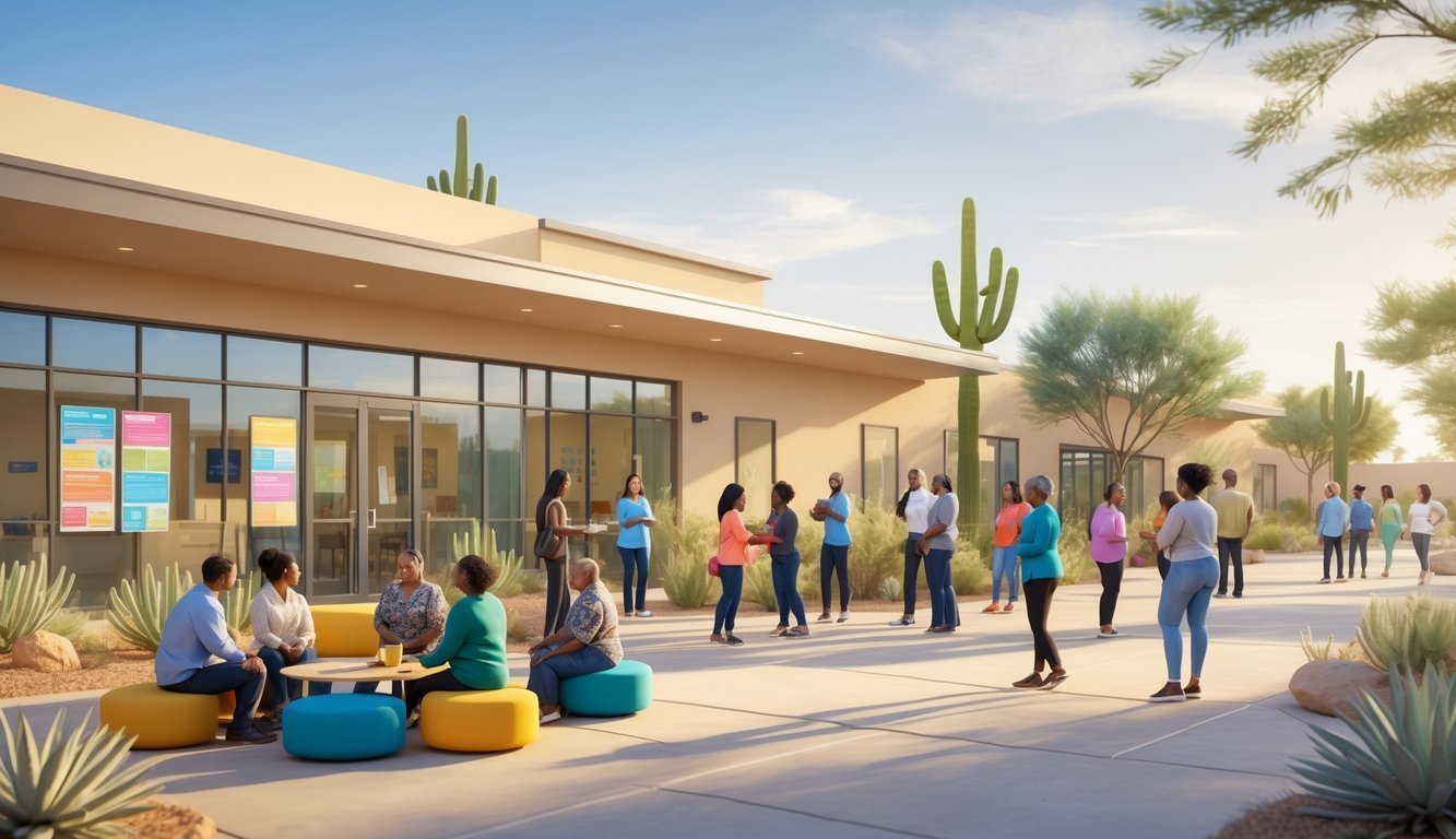 A sunlit community center in Arizona surrounded by desert plants, with diverse people interacting supportively outdoors.