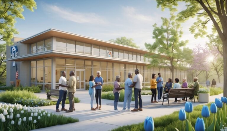 A peaceful community mental health center in Indiana with people talking and relaxing outdoors surrounded by trees and flowers.