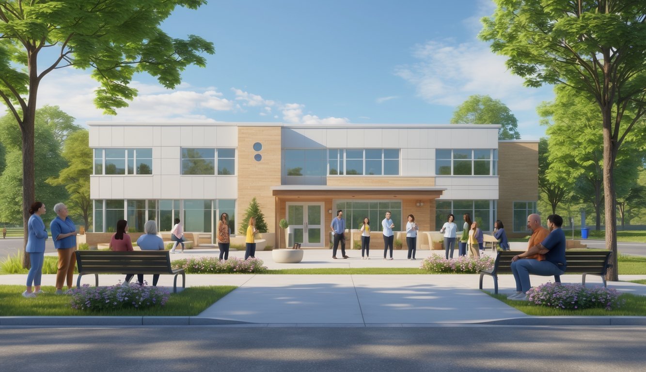 A community mental health center with people talking and relaxing outside surrounded by trees and greenery.
