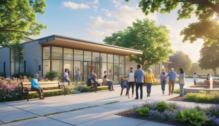 A community center surrounded by greenery with diverse people interacting peacefully outdoors.