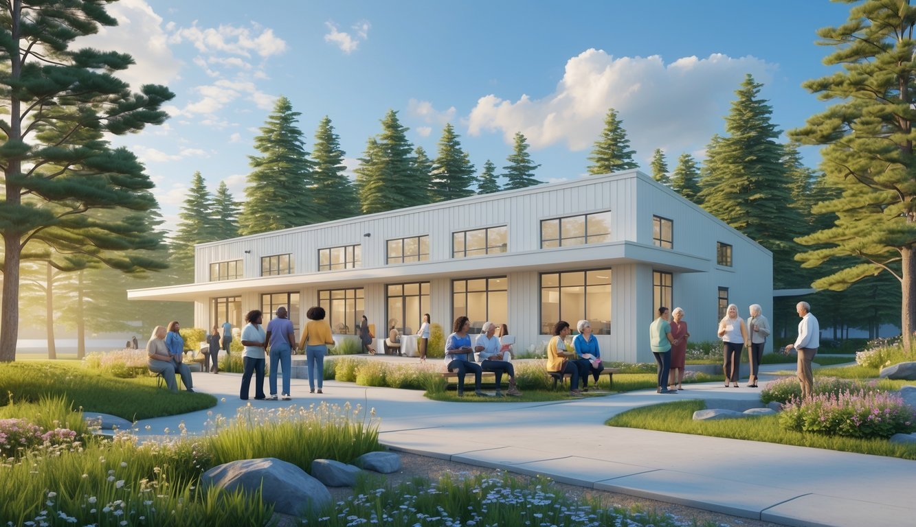 A welcoming community center surrounded by pine trees with people talking and relaxing outside in a peaceful garden.