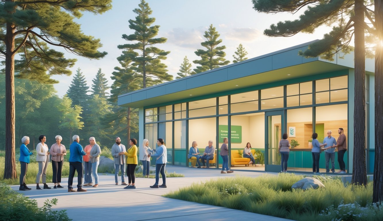 A community center surrounded by trees with people talking and relaxing outside, representing free mental health support services.